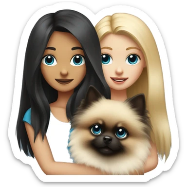A blonde girl with blue eyes holds a black pomeranian in her hands sticker
