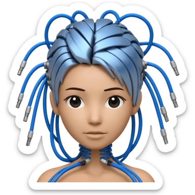 3D render of Wire Hair, futuristic cyborg aesthetic, fusion of organic skin and chrome metal, bundle of black and blue ethernet cables styled like hair, emoji style, isolated on white background --v 6.0. sticker