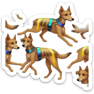  brindle brown black maroon striped lurcher Alsatian fox running blue eyes and iridescent holographic oilslick harness wearing paper iridescent tropical flower crown yellow caution tape sticker
