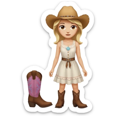 Please give me the woman standing emoji with a peach skin tone, medium length blonde hair, and dark brown eyes. Please make her wear a white sundress and brown cowgirl boots sticker
