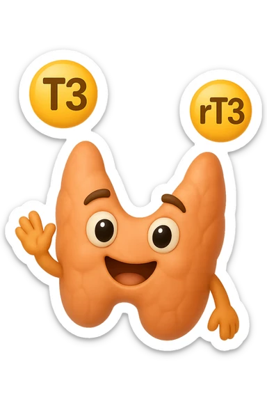 EMOJI STILE IPHONE 3D DI ormoni tiroidei (T3 ed rT3) che fluttuano in aria intorno ad una tiroide felice, iperrealistico 4k sticker