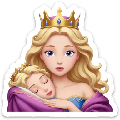 Cinematic Realistic Sleeping Beauty (Aurora) Portrait, with porcelain-like skin featuring a natural rosy flush, illuminated by soft lighting that highlights the gentle contours of her face. Her golden blonde hair flows in soft, detailed waves with subtle highlights that shimmer in the light. Her deep violet-blue eyes radiate warmth and innocence, framed by arched brows and long lashes. Her serene expression exudes quiet elegance. She is dressed in her classic pink gown, the fabric rich in texture with delicate folds that catch the light. A golden crown rests atop her head, gleaming with royal refinement. The portrait captures a soft, glowing aura, blending realism with an ethereal sense of beauty and timeless enchantment. sticker