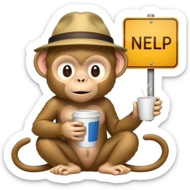 Monkey sitting beside a 'need help' sign, sticker
