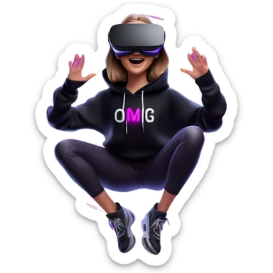 Russian girl wearing black hoody with violet letters "OMG", in vr headset oculus quest2. jumping. Cyberpunk style. Violet neon. sticker