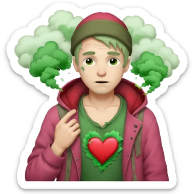 Homeless Caucasian male with green smoke around him and ripped clothes with valentines decor (no balloons) sticker