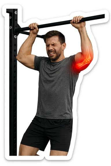 a man in gym attire is performing a pull-up on a bar when his face suddenly contorts in pain. His elbow is highlighted with a bright red glow, and a semi-transparent overlay reveals a visible tear or injury in the joint structures (such as ligaments or tendons). The background is a modern gym, with anatomical posters and equipment. sticker