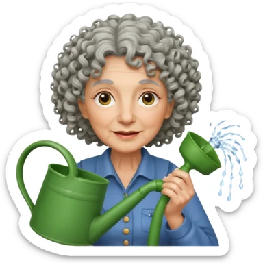 Older female florist – curly hair, hold garden watering pot sticker