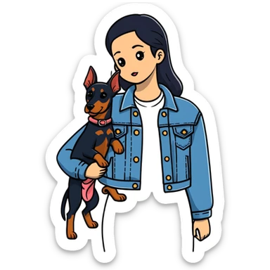girl in denim jacket holding a Doberman dog sticker