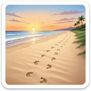A quiet beach at sunset. Two sets of footprints—one small, trailing behind, the other larger, leading forward. As they continue, the small steps merge into the larger ones, until only one set remains, past and present walking as one. sticker