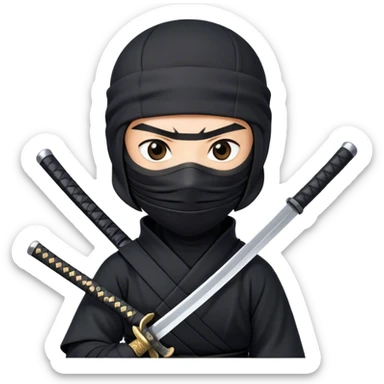  A emoji cartoon-style digital illustration of a ninja dressed in a full black outfit with a face mask, leaving only the eyes visible. The ninja has a serious and focused expression. A katana sword is strapped to their back, with the handle visible over one shoulder. The background is plain white sticker