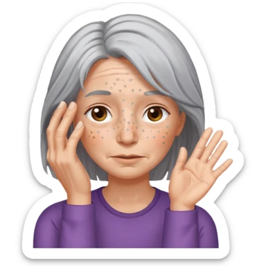 woman with gray hair and 1 palm of hand covering face sticker