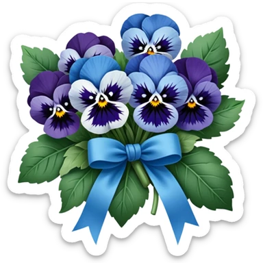 A beautifully tied deep green ribbon wrapped around a bouquet of soft blue pansies, displayed on an antique wooden table. sticker