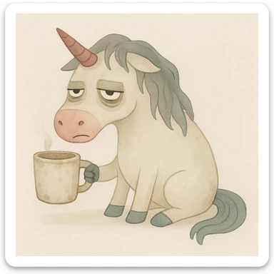 Add a dirty coffee cup in the unicorn's hoof, keep the painterly watercolor style, unicorn remains disgusting and rumpled with bags under his eyes and a drooping horn. sticker