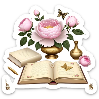 A vintage silk-bound poetry book, its cover embossed with golden floral motifs of pink roses and white peonies, resting on an antique writing desk with an ivory quill and a pearl butterfly sitting lightly on the book’s pages.
 sticker
