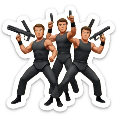 Icon for Action Movies: Collage of photorealistic actors Arnold Schwarzenegger and Sylvester Stallone, surrounded by explosions, weapons, and martial arts moves. The design should capture the high-energy, dynamic nature of their films. Transparent background. sticker