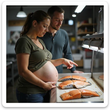 realistic pregnant woman in 4K explaining to partner why she doesn't want to eat raw salmon pointing at belly and fish counter with salmon showing visible parasites sticker