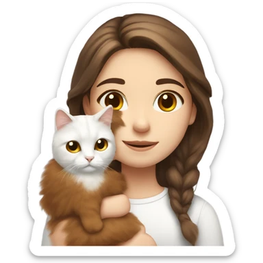A girl with middle long brown hair and a white fluffy cat is lying on her left shoulder and neck sticker