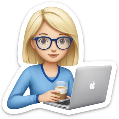A girl with blonde hair and blue hair wearing glasses holds a laptop and a glass of coffee sticker