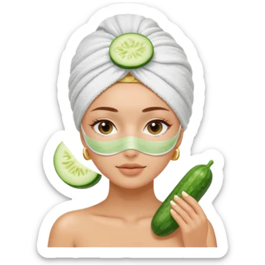 girl with her hair in a towel turban and a faks mask on and cucumber slices over her eyes at a spa sticker