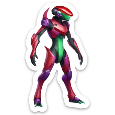 a shiny purple-green-red Genesect-Raptor-Fakémon—hybrid with a futuristic visor-helmet full body sticker