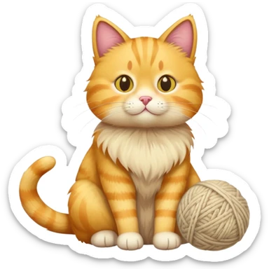 yellow cat full body sitting with a wool ball sticker