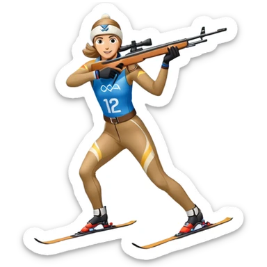 An icon showing a biathlete skiing on a snow-covered Olympic track with a rifle on their back. Cheering fans fill the stands. Majestic mountains, snowy trees, and a bright blue sky complete the scenic winter landscape. Transparent background captures the spirit of biathlon. sticker