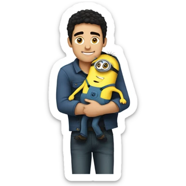 white male, brown eyes, black hair hugging and holding a minion with green eyes sticker