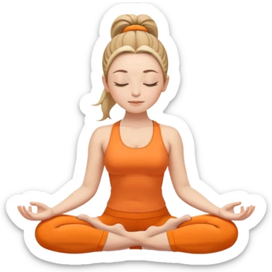 white woman with ponytail hairstyle in lotus position meditation yoga pose, closed eyes, relaxed face, wearing orange yoga outfit sticker