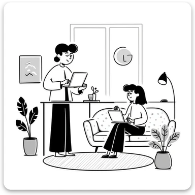 escenary 3d of a cozy mid-century living room with two people working on laptops, one man standing at a desk, and one woman sitting on a couch sticker