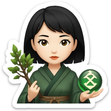 east asian forest mage woman short black hair rune sticker