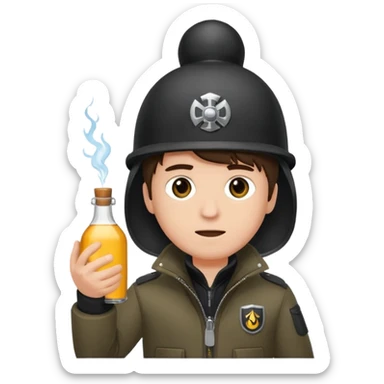 erstell ein bild Von eine jungen der braune augen hat eine sturmhaube trägt und eine Jacky flasche in der Hand hebt plus eine Jacke mit schwarzen fell sticker