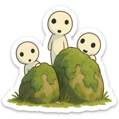 small whimsical forest spirits peeking from behind mossy rocks, playful mood, ghibli style sticker