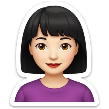 Illustrated emoji of a middle aged woman with short black hair and bangs, white skin and dark eyes sticker