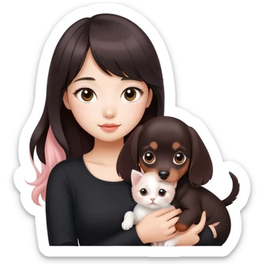 Asain girl with pink blush, wearing a black skinny top, long dark brown curled hair with straight bangs. Carrying a white kitten and a brown dashund puppy.  sticker
