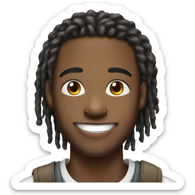 A young African-American male with short, thick dreadlocks, a friendly, confident smile, and a vibrant, approachable energy. He has a slim but toned build and often wears a cap to complement his trendy, casual style. sticker