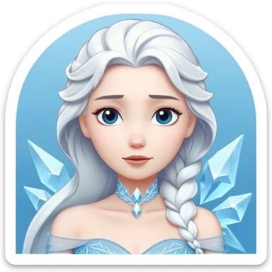 Cinematic Timeless Snow Queen Portrait Emoji, rendered in a clean, vector style. Depict Elsa with icy pale skin, intricately styled platinum hair, and a serene, regal expression, dressed in a minimalist ice-blue gown. The design features bold, simplified shapes, a soft, drowsy crystalline glow, and a subtle glowing outline, capturing the essence of timeless, majestic winter beauty. sticker