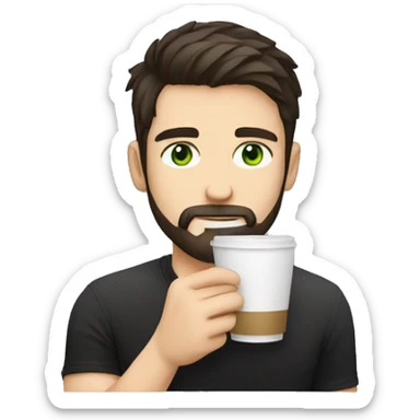 Handsome man with dark hair, holding an cup of coffee, gradient short hair on the side, green eyes. Thin face. Black t-shirt. A little beard. sticker
