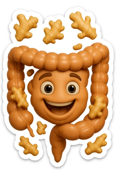 emoji stile iphone 3d di 6 piccoli pezzi di zenzero che fluttuano in aria con pezzi di colon arrotolati intorno, iperrealistico 4k sticker