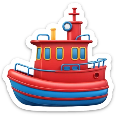 A colorful toy tugboat with a cute cheerful face and a red and blue body sticker