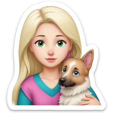 White European young woman with blue-green eyes and long blond hair with her white German Shepherd dog,the Dog hast a pink nose and short fur  and Brown eyes sticker
