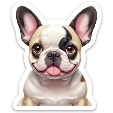 Cinematic Cute Pied French Bulldog Portrait Emoji, Head tilted with a sweet, mischievous grin and large, inviting eyes, featuring a unique pied fur of contrasting colors, simplified yet irresistibly endearing, highly detailed, glowing with a warm, playful radiance, high shine, exuding a quirky charm and affectionate personality, styled with a soft, lighthearted outline, capturing the essence of a cute Pied French Bulldog that looks ready to charm its way into your heart! sticker