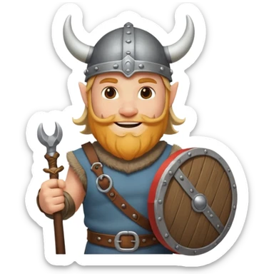 A jovial Viking with round belly, horned helmet, and hearty smile while carrying supplies.
 sticker