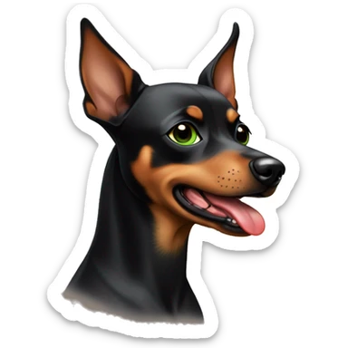 A girl with dark short square hair, green eyes and red lips with a brown Zwing Pinscher dog with a black gradient on her back with her tongue sticking out sticker