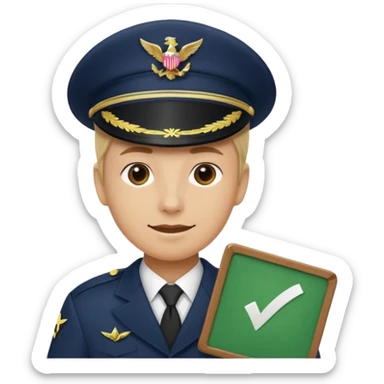 Slack-style emoji of a pilot wearing a slightly tilted navy captain hat holding a green board with a white check mark sticker