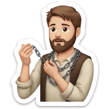 White man with brown hair and beard with anxiety and begging. holding a chain in his hands. profile view sticker