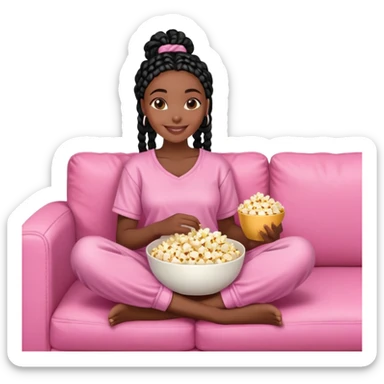 A dark-skinned Black woman with black box braids, holding a large bowl of popcorn in her lap, smiling, wearing comfy loungewear sitting on pink couch. sticker