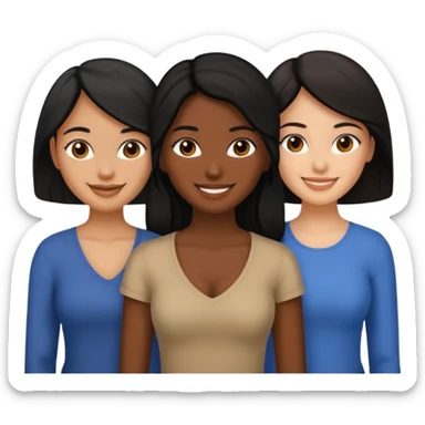 a group of 3 women, one is black, one is asian, one is indian, they all have black hair sticker