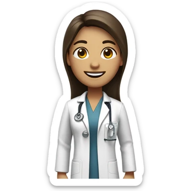 doctor, white skin, long straight hair, brown hair, big smile, female, baggy labcoat sticker