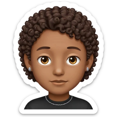 a boy emoji with a milk chocolate skin color, short dark brown curly hair with 2 silver stud earrings on both ears and 2 slits on each eyebrow and is wearing a black shirt with a silver necklace  sticker