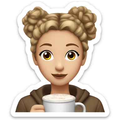 Create a teen girl with light brown hair drinking a hot chocolate with her hair in a high messy bun please  sticker